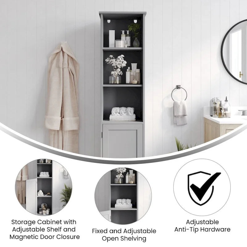 Meuble de Rangement Haut Autoportant avec Étagères Ouvertes et Porte, Blanc et Gris