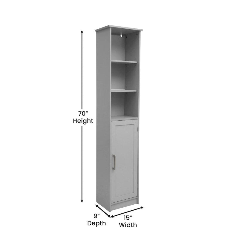 Meuble de Rangement Haut Autoportant avec Étagères Ouvertes et Porte, Blanc et Gris