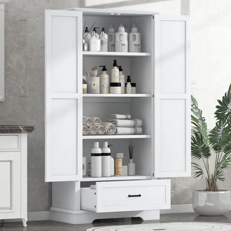 Meuble de rangement haut blanc avec portes doubles, tiroir et étagères réglables
