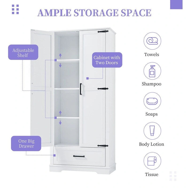 Meuble de rangement haut blanc avec portes doubles, tiroir et étagères réglables