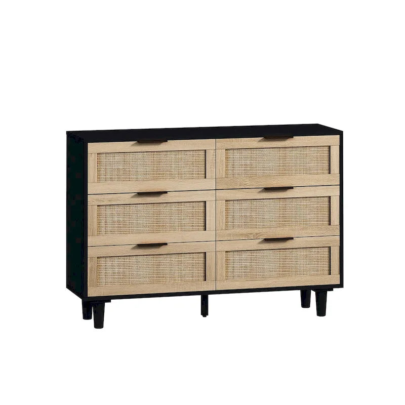 Commode à 6 tiroirs en rotin, cadre noir, meuble de rangement en canne naturelle