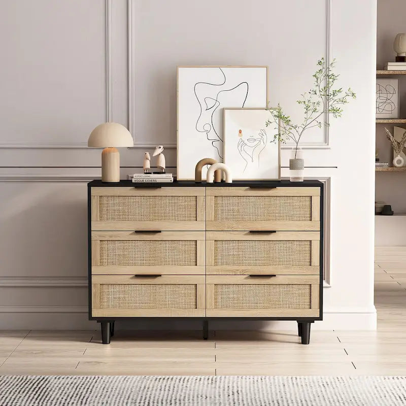 Commode à 6 tiroirs en rotin, cadre noir, meuble de rangement en canne naturelle